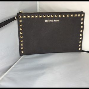 Michael Kors studded zip clutch chocolate and gold